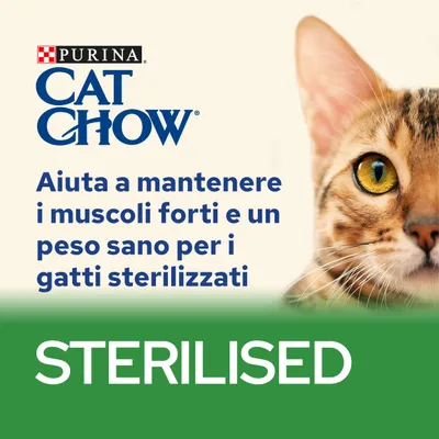 Purina Cat Chow. Aiuta a mantenere i muscoli forti e un peso sano per i gatti sterilizzati. STERILISED.