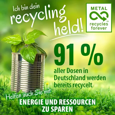 Tekst na njemačkom: Ich bin dein recycling held! 91 % aller Dosen in Deutschland werden bereits recycelt. Helfen auch Sie mit ENERGIE UND RESSOURCEN ZU SPAREN. Metal recycles forever.