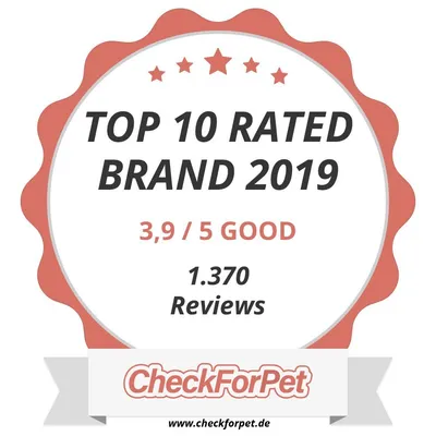 CheckForPet: Top 10 Rated Brand 2019, beoordeling 3,9 van 5 (GOOD), gebaseerd op 1.370 reviews. Tekst in het Engels. Website: www.checkforpet.de