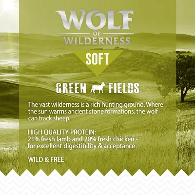 Wolf of Wilderness Soft Green Fields. High quality protein: 21% fresh lamb and 20% fresh chicken – for excellent digestibility & acceptance. Wild & Free. Teksti englanniksi.