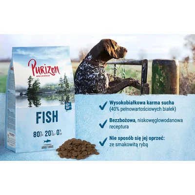 Purizon Fish, karma sucha dla psów dorosłych. 80% składników rybnych, 20% warzyw, 0% zbóż. Wysokobiałkowa, bezzbożowa receptura. Tekst: nie sposób się jej oprzeć ze smakowitą rybą.