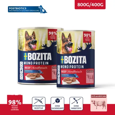 Bozita Mono Protein Rundvlees, 98% dierlijke ingrediënten en bouillon, graanvrije receptuur, zonder toegevoegde suikers, zonder kleurstoffen, paté met stukjes, 800 g/400 g.