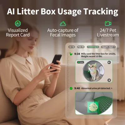 AI Litter Box Usage Tracking: Visualisierte Berichte, automatische Erfassung von Kotbildern, 24/7 Haustier-Livestream. Anzeige von Nutzungszeit, Gewicht und Urin-pH-Wert. AI Litter Box Usage Tracking: Visualisierte Berichte, automatische Erfassung von Kotbildern, 24/7 Haustier-Livestream. Anzeige von Nutzungszeit, Gewicht und Urin-pH-Wert.