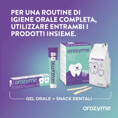 Orozyme Gel e strisce da masticare. Per un'igiene orale completa, utilizzare entrambi i prodotti insieme. Gel orale + snack dentali.