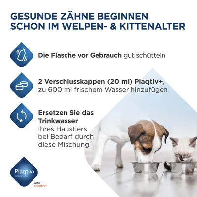 Anleitung: Flasche vor Gebrauch schütteln, 2 Verschlusskappen Plaqtiv+ zu 600 ml Wasser geben, Trinkwasser des Haustiers bei Bedarf durch diese Mischung ersetzen. Anleitung: Flasche vor Gebrauch schütteln, 2 Verschlusskappen Plaqtiv+ zu 600 ml Wasser geben, Trinkwasser des Haustiers bei Bedarf durch diese Mischung ersetzen.