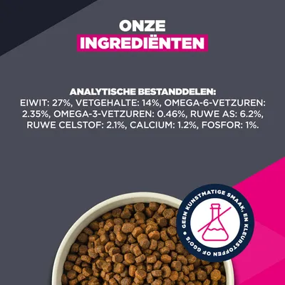 Analytische bestanddelen: Eiwit 27%, vetgehalte 14%, omega-6-vetzuren 2,35%, omega-3-vetzuren 0,46%, ruwe as 6,2%, ruwe vezel 2,1%, calcium 1,2%, fosfor 1%.