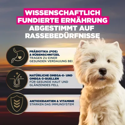 Wissenschaftlich fundierte Ernährung, abgestimmt auf Rassebedürfnisse: Präbiotika und Rübenschnitzel für Verdauung, Omega-6/3 für Haut/Fell, Antioxidantien/Vitamine für Immunsystem.