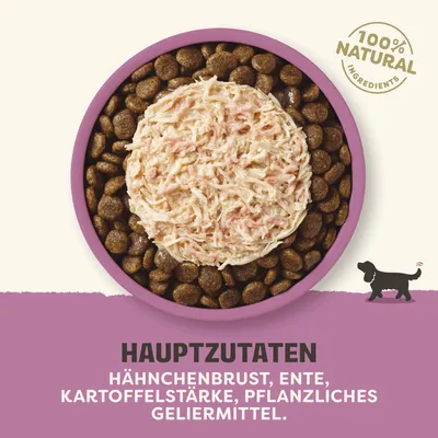 100% natural ingredients. Hauptzutaten: Hähnchenbrust, Ente, Kartoffelstärke, pflanzliches Geliermittel. 100% natural ingredients. Hauptzutaten: Hähnchenbrust, Ente, Kartoffelstärke, pflanzliches Geliermittel.