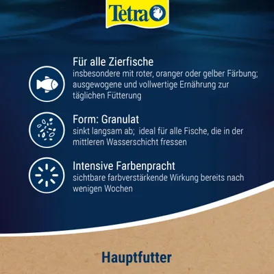 Tetra Hauptfutter für alle Zierfische, Granulat-Form, ausgewogene Ernährung, sichtbare Farbverstärkung nach wenigen Wochen. Tetra Hauptfutter für alle Zierfische, Granulat-Form, ausgewogene Ernährung, sichtbare Farbverstärkung nach wenigen Wochen.