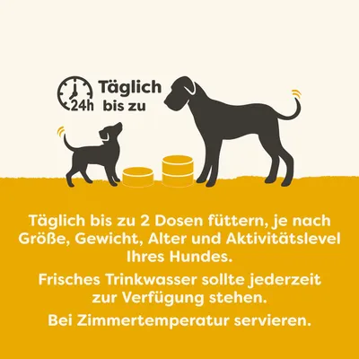 Täglich bis zu 2 Dosen füttern, abhängig von Größe, Gewicht, Alter und Aktivitätslevel des Hundes. Frisches Trinkwasser bereitstellen. Bei Zimmertemperatur servieren. Täglich bis zu 2 Dosen füttern, abhängig von Größe, Gewicht, Alter und Aktivitätslevel des Hundes. Frisches Trinkwasser bereitstellen. Bei Zimmertemperatur servieren.