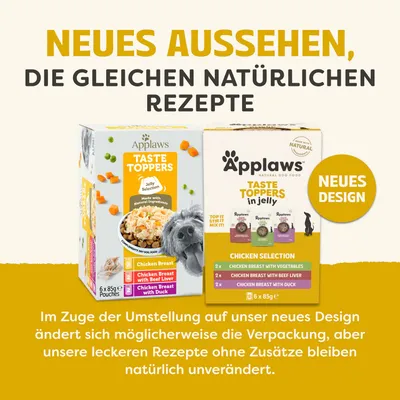 Neues Aussehen, die gleichen natürlichen Rezepte. Applaws Taste Toppers in neuem Design, Rezepte ohne Zusätze bleiben unverändert. Verpackung kann abweichen.