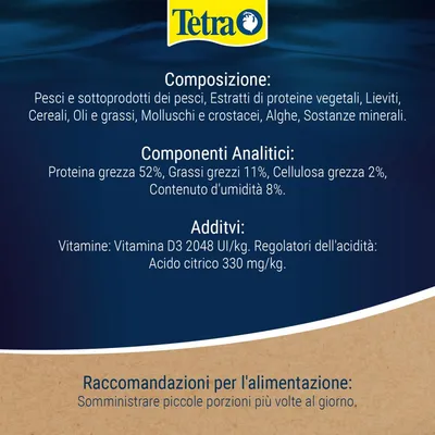 Tetra. Composizione: pesce, proteine vegetali, lievito, cereali, oli, molluschi, alghe, minerali. Componenti analitici: proteine 52%, grassi 11%, fibra grezza 2%, umidità 8%. Additivi: vitamina D3, acido citrico. Tetra. Composizione: pesce, proteine vegetali, lievito, cereali, oli, molluschi, alghe, minerali. Componenti analitici: proteine 52%, grassi 11%, fibra grezza 2%, umidità 8%. Additivi: vitamina D3, acido citrico.