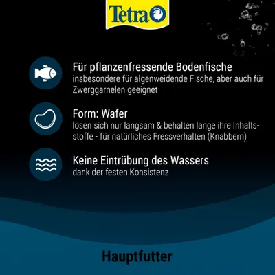Tetra Hauptfutter für pflanzenfressende Bodenfische, Form Wafer, keine Eintrübung des Wassers, geeignet auch für Zwerggarnelen. Tetra Hauptfutter für pflanzenfressende Bodenfische, Form Wafer, keine Eintrübung des Wassers, geeignet auch für Zwerggarnelen.