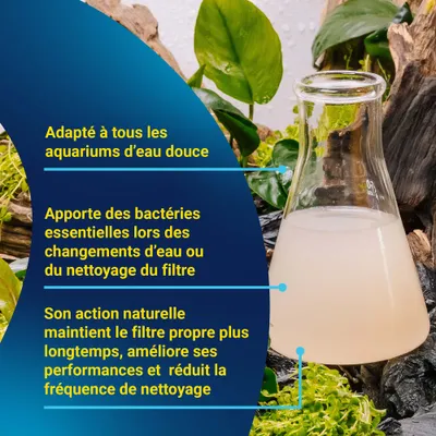 Convient aux aquariums d'eau douce, fournit des bactéries essentielles lors des changements d'eau ou du nettoyage du filtre, garde le filtre propre plus longtemps et réduit la fréquence de nettoyage.