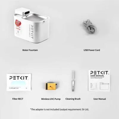 Lieferumfang: PETKIT Trinkbrunnen, USB-Kabel, Filter RECT, kabellose UVC-Pumpe, Reinigungsbürste, Bedienungsanleitung. Adapter nicht enthalten, benötigt 5V-1A. Lieferumfang: PETKIT Trinkbrunnen, USB-Kabel, Filter RECT, kabellose UVC-Pumpe, Reinigungsbürste, Bedienungsanleitung. Adapter nicht enthalten, benötigt 5V-1A.