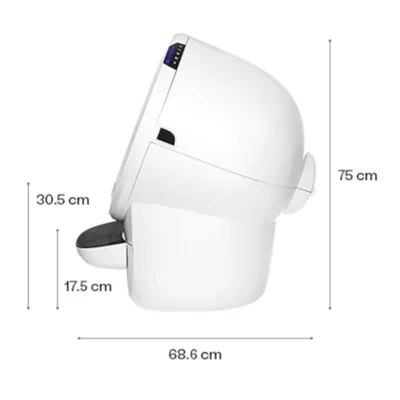 Boční pohled na bílý produkt s uvedenými rozměry: výška 75 cm, šířka 68,6 cm, další dva rozměry 30,5 cm a 17,5 cm. Boční pohled na bílý produkt s uvedenými rozměry: výška 75 cm, šířka 68,6 cm, další dva rozměry 30,5 cm a 17,5 cm.