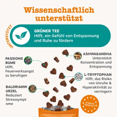 Wissenschaftlich unterstützt: Grüner Tee fördert Entspannung und Ruhe, Passionsblume beruhigt Feuerwerksangst, Baldrianwurzel reduziert Stresssymptome, Ashwagandha unterstützt Konzentration, L-Tryptophan verringert Unruhe. Wissenschaftlich unterstützt: Grüner Tee fördert Entspannung und Ruhe, Passionsblume beruhigt Feuerwerksangst, Baldrianwurzel reduziert Stresssymptome, Ashwagandha unterstützt Konzentration, L-Tryptophan verringert Unruhe.