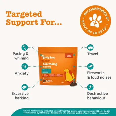 Zesty Paws Calming Chews, recommended by 9 out of 10 veterinarians. Supports with restlessness, anxiety, excessive barking, travel, fireworks/noise, and destructive behaviour. Zesty Paws Calming Chews, recommended by 9 out of 10 veterinarians. Supports with restlessness, anxiety, excessive barking, travel, fireworks/noise, and destructive behaviour.