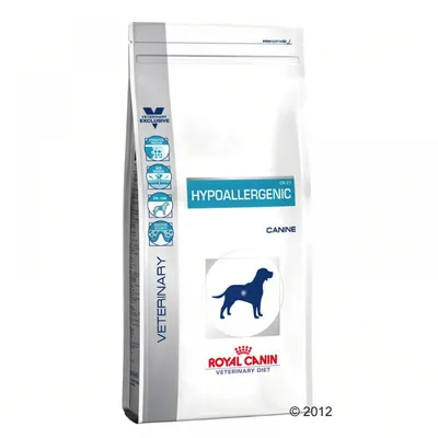 Royal Canin Veterinary Diet Hypoallergenic Canine, napis HYPOALLERGENIC, modra silhueta psa, veterinarska ekskluziva, vidni piktogrami lastnosti na embalaži.