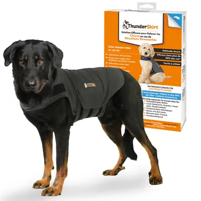 Thundershirt anti-stress vest for dogs. Calming method for stress from loud noises, fireworks, travel and being alone. Effective in over 80% of cases, easy to use.
