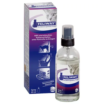 FELIWAY Spray 60 ml ja pakkaus. Pakkausteksti saksaksi: Hilft unerwünschtes Katzenverhalten unter Kontrolle zu bringen. Kuvituksia kissasta ja raapimisesta.