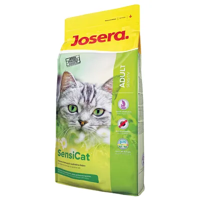 Josera SensiCat ADULT SENSITIV tørfoder til kat, tekst: leicht verdaulich, Anti-Haarballen, pH 6,0–6,5. Billede af grå kat på emballagen.