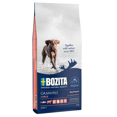 Bozita Grain Free Large, Duo Protein met zalm en rund, 12kg. Swedish Natural Quality. Voor volwassen honden. Graanvrij, 27% eiwit, 14% vet. Together with nature since 1903.