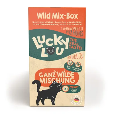 Lucky Lou Wild Mix-Box för vuxna. 4 sorter i 12 påsar: fågel, fasan, kanin, nötkött, vildsvin, hjort. Spannmålsfri, utan tillsatt socker, över 96 % kött. Made in Germany.
