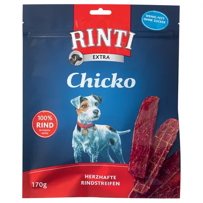 Bolsa de Rinti Extra Chicko, 100 % carne de vacuno, 170 g. Texto visible: 'Wenig Fett ohne Zucker', 'Herzhafte Rindstreifen'. Tiras de carne mostradas en el envase.