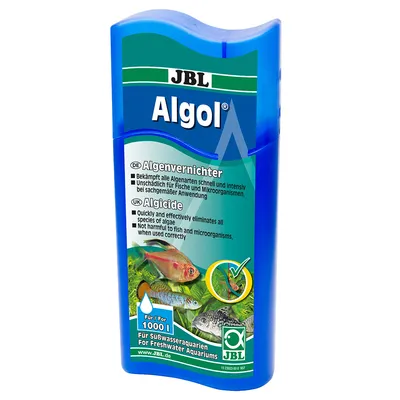 JBL Algol algicide for freshwater aquariums, eliminates all species of algae, not harmful to fish and microorganisms when used correctly, treats up to 1000 l. Visible text in English and German.