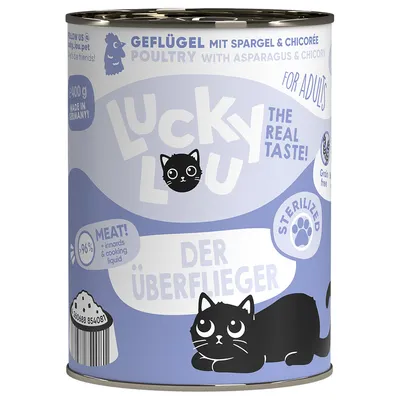 Lucky Lou pollame con asparagi e cicoria, sterilizzato, per adulti, 96% carne, Made in Germany, senza cereali.