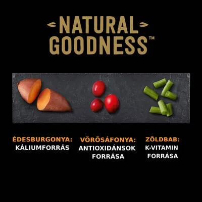 NATURAL GOODNESS. Édesburgonya: káliumforrás, vörösáfonya: antioxidánsok forrása, zöldbab: K-vitamin forrása felirat és képek az összetevőkről.