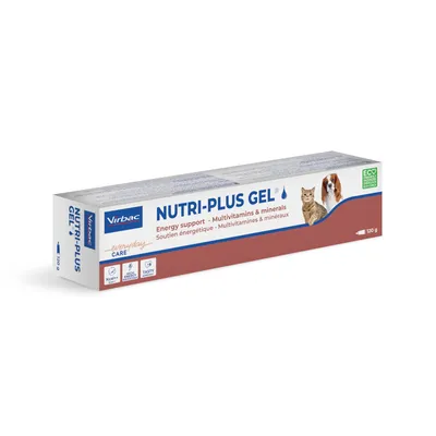 Virbac NUTRI-PLUS GEL 120 g, soutien énergétique, multivitamines et minéraux, pour chats et chiens visibles sur l’emballage. Texte en anglais et français.