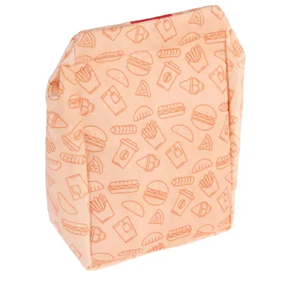 Geantă din material textil bej cu model portocaliu de simboluri fast-food, precum burger, cartofi prăjiți, pizza și băuturi.