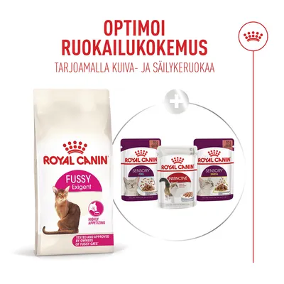 Royal Canin Fussy Exigent -kuivaruoka ja Sensory-märkäruoka. Optimoi ruokailukokemus yhdistämällä kuivaruoka ja märkäruoka. Royal Canin Fussy Exigent -kuivaruoka ja Sensory-märkäruoka. Optimoi ruokailukokemus yhdistämällä kuivaruoka ja märkäruoka.