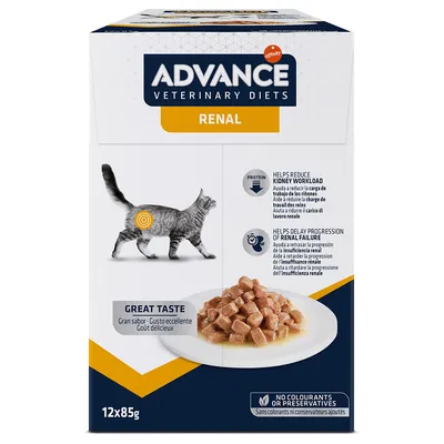 Advance Veterinary Diets Renal hrană pentru pisici, susține funcția renală, fără coloranți sau conservanți, 12x85g. Bogată în proteine, încetinește progresia insuficienței renale.