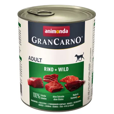 Animonda GranCarno Adult vită + vânat, 100% ingrediente proaspete, fără cereale, fără gluten, fabricat în Germania.