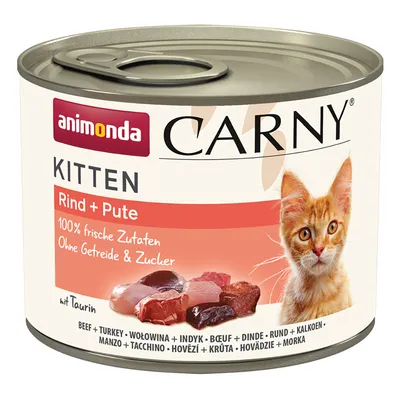 Animonda Carny Kitten Rind + Pute, 100% frische Zutaten, ohne Getreide & Zucker, mit Taurin. Dose mit Abbildung von Fleischstücken und einer orangefarbenen Katze.