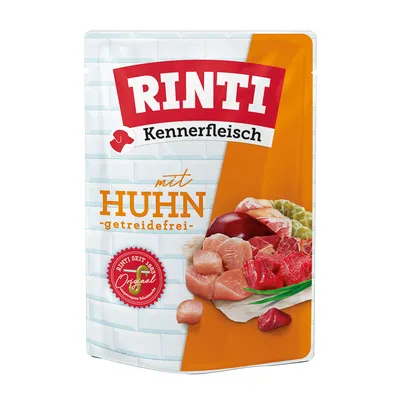 Rinti Kennerfleisch mit Huhn, getreidefrei. Rotes Siegel: Rinti seit 1983 Original. Abgebildet sind Fleischstücke und Zutaten.