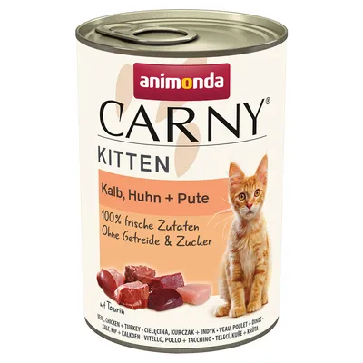 Animonda Carny Kitten консервирана храна за котенца, телешко, пиле и пуйка. 100% пресни съставки, без зърнени и захар, с таурин.