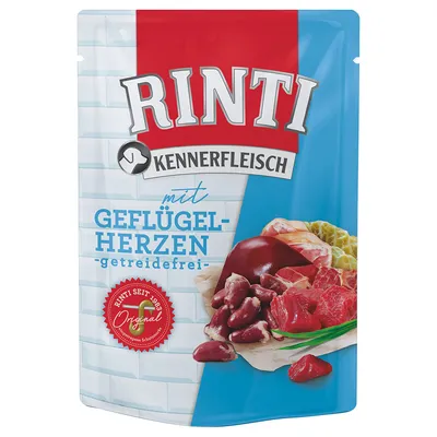 RINTI Kennerfleisch mit Geflügelherzen -getreidefrei- koiran märkäruokapakkaus, näkyvissä lihaa ja sydämiä. RINTI seit 1983 Original -merkintä etiketissä.