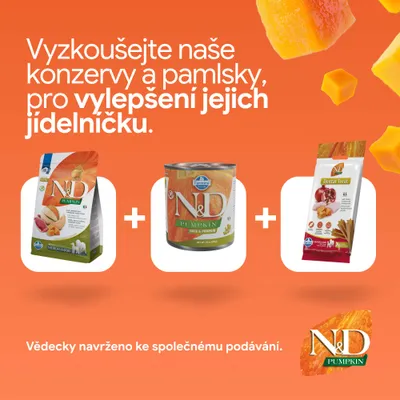 N&D Pumpkin produkty: granule, mokré krmivo a dentálne maškrty. Vedecky vyvinuté pre spoločné kŕmenie. N&D Pumpkin produkty: granule, mokré krmivo a dentálne maškrty. Vedecky vyvinuté pre spoločné kŕmenie.