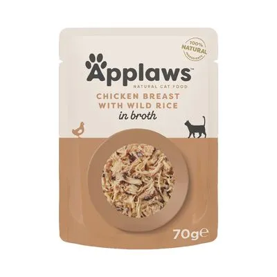 Embalagem de Applaws Natural Cat Food, Chicken Breast with Wild Rice in Broth, 70 g. Texto visível: 100% natural.
