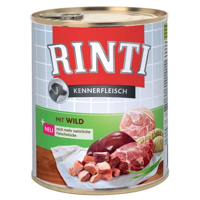 Rinti Kennerfleisch blik, tekst: Mit Wild, NEU noch mehr natürliche Fleischstücke. Afbeelding van vleesstukken op de verpakking zichtbaar.