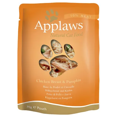 Applaws Natural Cat Food, 50% meat, Chicken Breast & Pumpkin, 70 g vrećica. Tekst na engleskom, francuskom, njemačkom, talijanskom i nizozemskom jeziku.