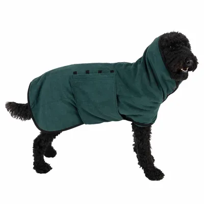 Black dog wearing a green coat with hood and pocket, suitable for protection or warmth.