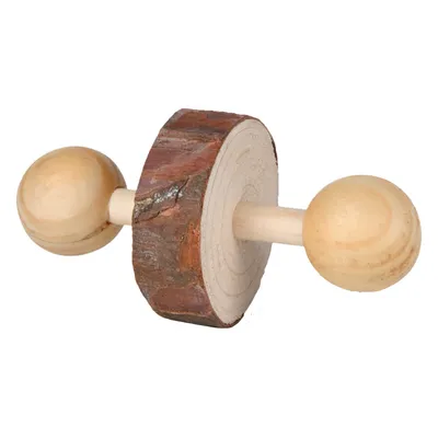 Juguete de madera con dos bolas y un disco de madera natural, apto para roedores.