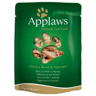 Applaws Natural Cat Food, 70 % MEAT, Chicken Breast & Asparagus, 70 g pouch. Synligt indhold gennem poteformet vindue. Tekst på engelsk, fransk, tysk, italiensk og hollandsk.