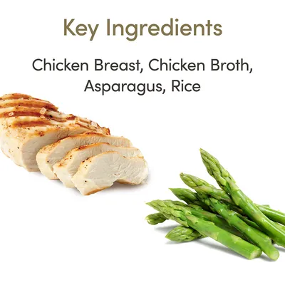 Teksti englanniksi: Key Ingredients. Chicken Breast, Chicken Broth, Asparagus, Rice. Kuvassa viipaloitua kananrintaa ja parsaa.