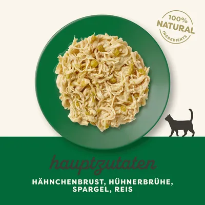 Hauptzutaten: Hähnchenbrust, Hühnerbrühe, Spargel, Reis. 100% natürliche Zutaten. Silhouette einer Katze unten rechts.